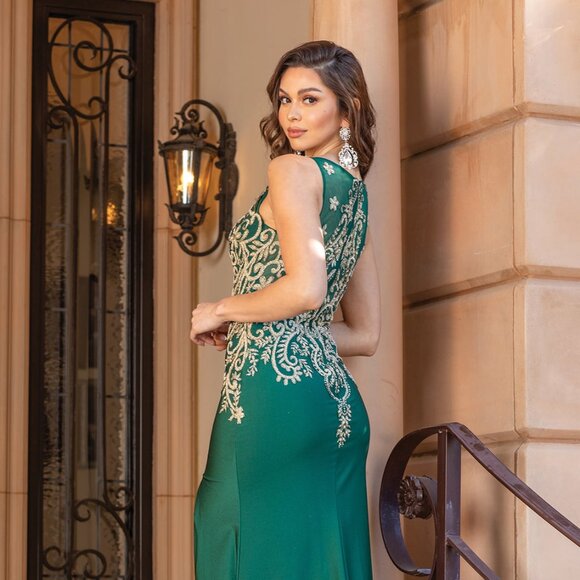 New Formal Floral Lace Embellihsed Mother Of Bride Dress w/ Leg Slit DQ 4325 - Picture 4 of 9